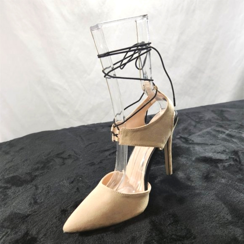 Red Cherry Nude With Black Elastic Wrap Sandals With 4 1/2" Stiletto Heels - Picture 4 of 6